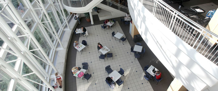 Students studying in Strong Hall lobby